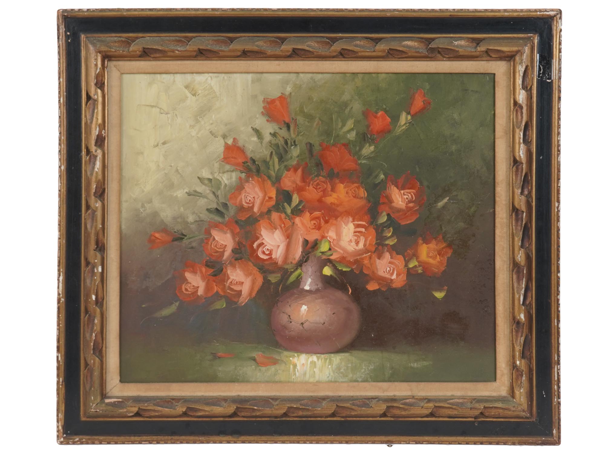 FRAMED OIL PAINTING STILL LIFE WITH RED FLOWERS PIC-0